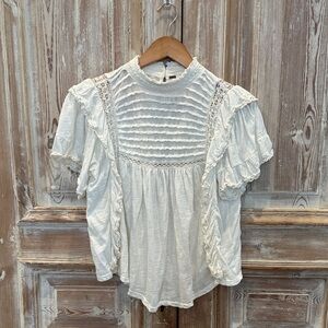Free People Cream Ruffle Lace Blouse